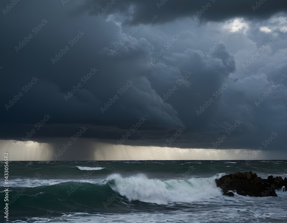 The ocean is rough and choppy, with dark clouds looming overhead, storm over the ocean, natural ocean landscape background The ocean is rough and choppy, with dark clouds looming overhead, storm over the ocean, natural ocean landscape background