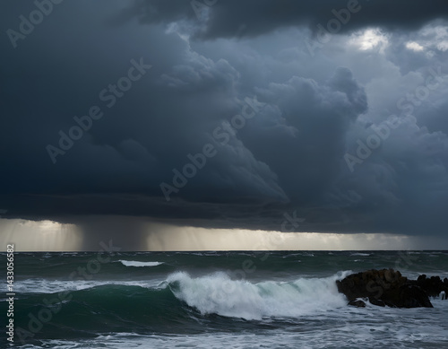 The ocean is rough and choppy, with dark clouds looming overhead, storm over the ocean, natural ocean landscape background