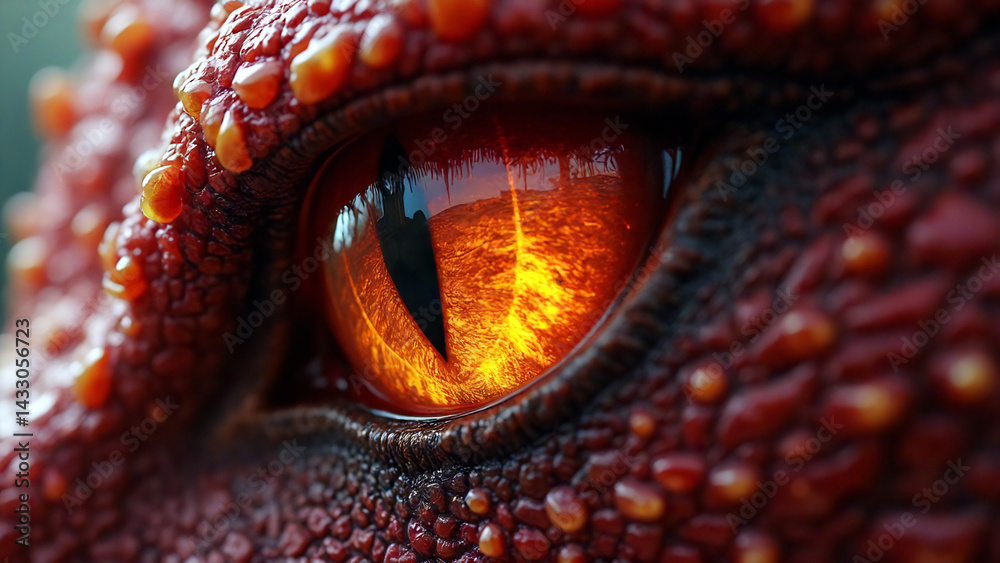 Obraz premium a close-up of a dragon's eye, glowing with fiery intensity, reflecting the vast, dark skies and a distant castle in its depths, with scales that shimmer in shades of deep ruby and gold, capturing the 