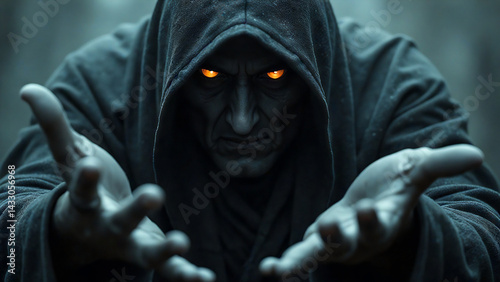 a close-up of a dark sorcerer's hooded face, his glowing eyes piercing through the shadows, his hands outstretched as runes float around him, with an aura of swirling magical energy

