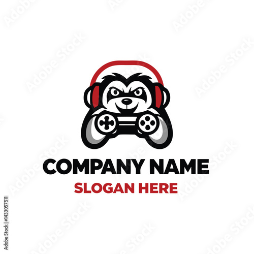 Playful panda mascot holding a game controller, wearing headphones