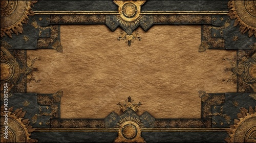 Dark fantasy background in gothic art style with aged parchment texture, black and gold color theme, and intricate vintage border like pages from an ancient book