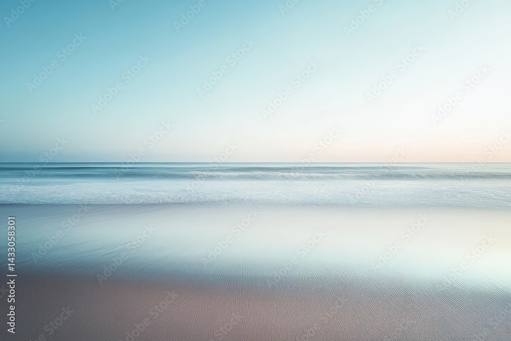 Obraz premium Gentle ocean waves meet a pale sandy shore at sunrise.