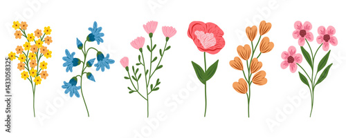Floral set. Vector flat minimalistic illustration of flowers and leaves in flat style. Retro vintage style, hand drawn decorative elements. 60s, 70s, flower icon, pastel colors, childish cute decor.