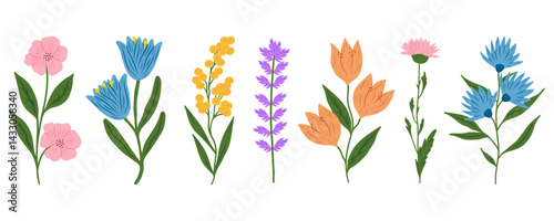 Floral set. Vector flat minimalistic illustration of flowers and leaves in flat style. Retro vintage style, hand drawn decorative elements. 60s, 70s, flower icon, pastel colors, childish cute decor.