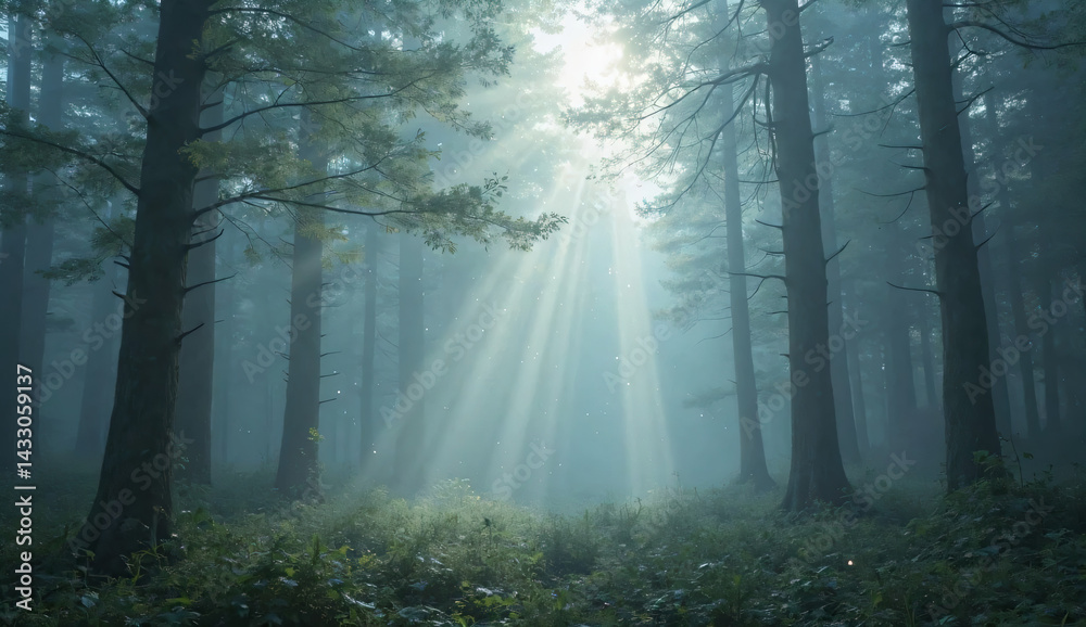 Dreamy Foggy Forest with Magical Morning Light Dreamy Foggy Forest with Magical Morning Light