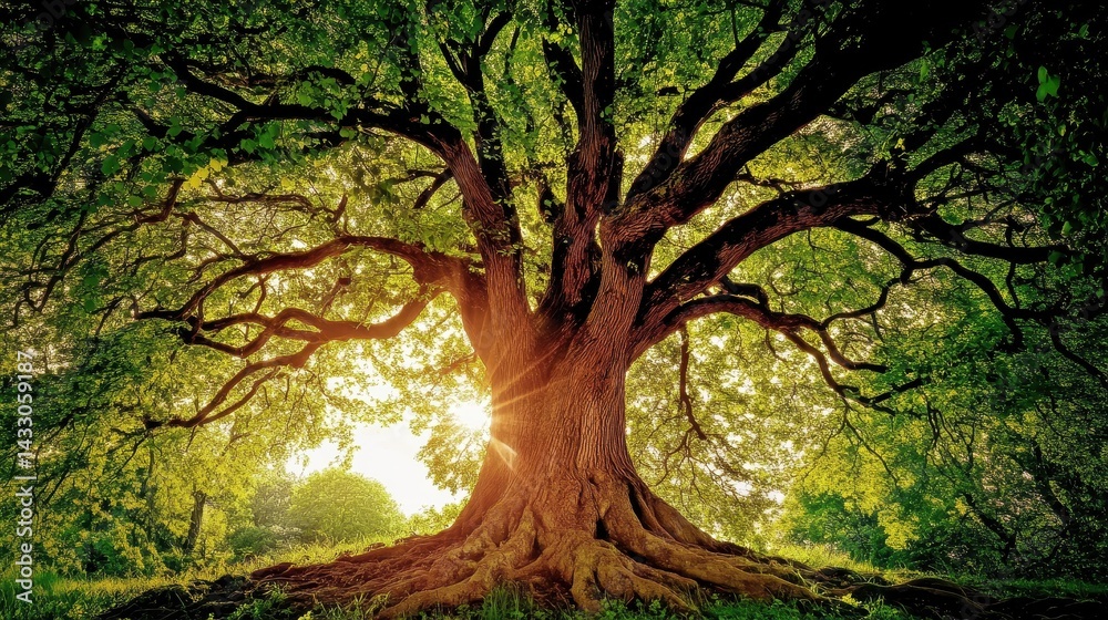 Obraz premium Majestic ancient tree bathed in golden sunlight.