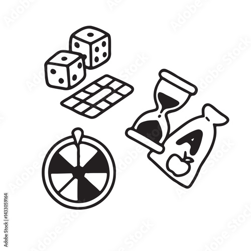 Hand Drawn Black and White Kids Playing Board Game and Card Icons