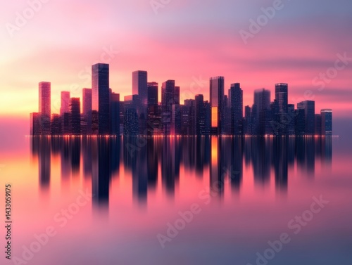City skyline reflecting in water at dusk
