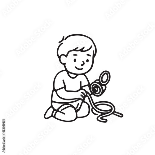 Hand Drawn Kids Rock Climbing  Hiking Icon Set.  Black and White Line Art