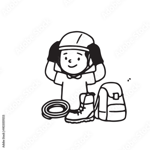 Hand Drawn Kids Rock Climbing  Hiking Icon Set.  Black and White Line Art