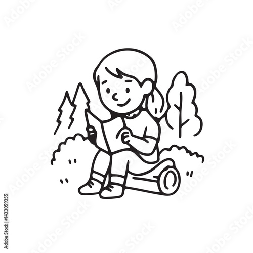 Hand Drawn Kids Rock Climbing  Hiking Icon Set.  Black and White Line Art