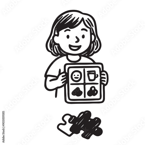 Hand Drawn Black White Icons Children with Special Needs in Daily Activities
