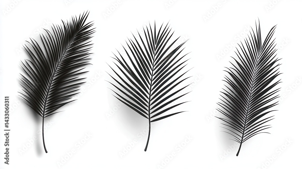 Obraz premium Realistic shadow overlay effect. Natural palm leaf shadows isolated on white background, no blurr, no bokeh.