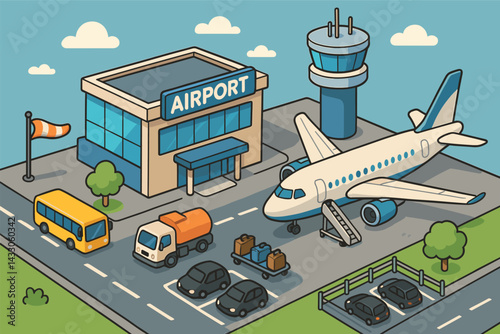 Airport and aviation isometric icons set – flat style travel, transport, and logistics symbols for flight planning: airplane, control tower, airport, luggage, bus, terminal, runway.