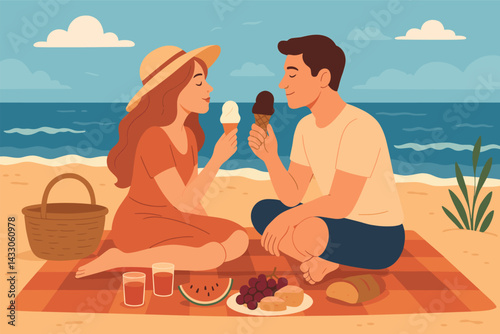 Beach picnic icon set – flat style summer, leisure, and relaxation symbols for vacation: ice cream, basket, fruits, blanket, waves, sun hat, couple