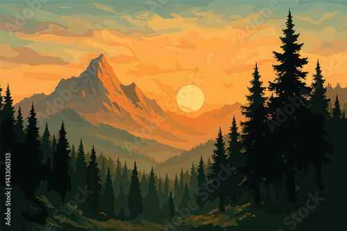 Nature and outdoors silhouette icons set – flat style environment, adventure, and landscape symbols for eco designs: mountain, tree, sun, forest, river, trail, wildlife, sunrise.