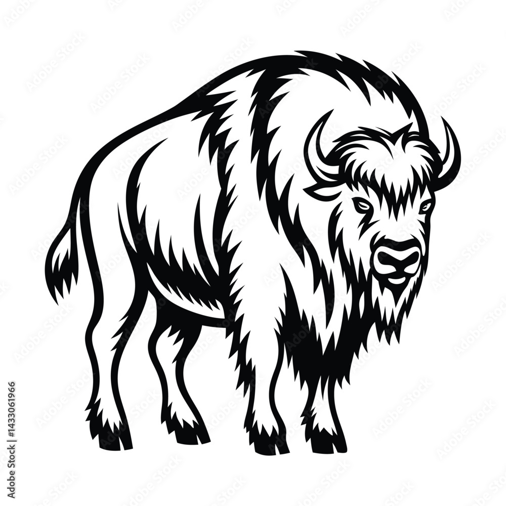 Fototapeta premium Bison Silhouette, Strong Bull, American Buffalo, Wildlife, Black & White Design, Mascot