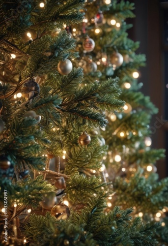 Close-up of a decorated Christmas tree, glowing lights, winter ambiance , christmas,  branches