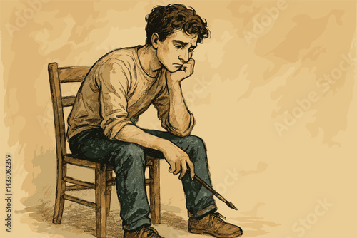 Contemplative artist in a vintage style seated with a brush