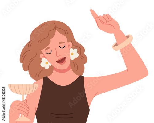 Drunken addicted girl celebrating holiday at club party, holding cocktail. Alcohol abuse concept.