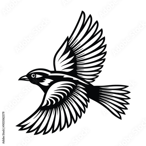 Minimalist Bird Silhouette Black Flying Bird with Detailed Feather Design on White