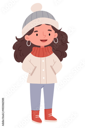 Girl in casual clothes. Hat and jacket autumn or winter look. Female apparel for cold weather.