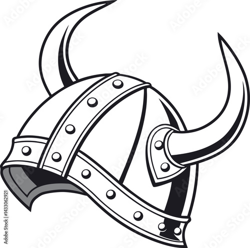 Viking Helmet Illustration: A detailed illustration of a classic Viking helmet with iconic curved horns and rivet detailing, symbolizing strength and historical significance.