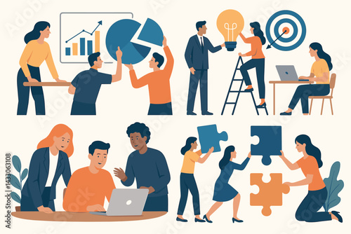 Business teamwork flat icon set – collaborative, leadership, and strategy symbols for project management: chart, idea, target, laptop, puzzle, presentation, teamwork
