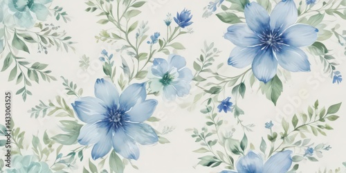 Creamy white background, delicate blue & green watercolor floral pattern , floral, botanical