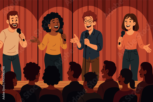 Comedy club icon set – flat style entertainment, stand-up, and humor symbols for event promotion: microphone, audience, laughter, performance, stage, spotlight.