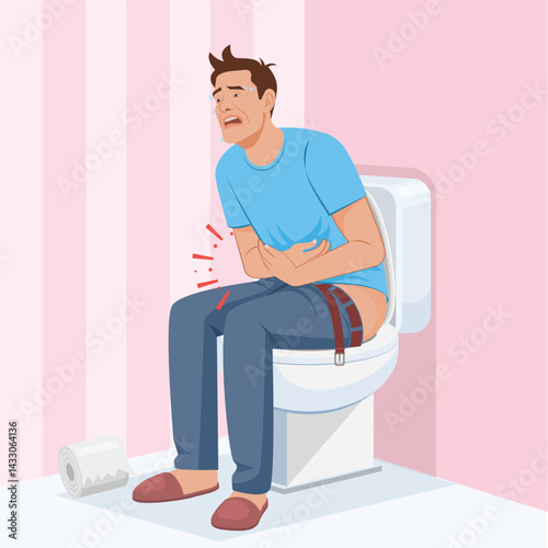 man suffering from diarrhea sitting on toilet room