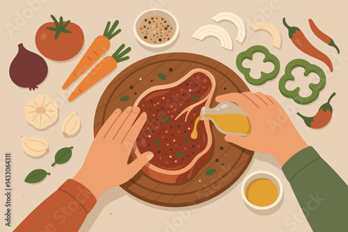 Cooking and culinary 3d icons set – isometric kitchen, recipe, and meal preparation symbols: steak, carrot, pepper, garlic, tomato, onion, olive oil, spices.