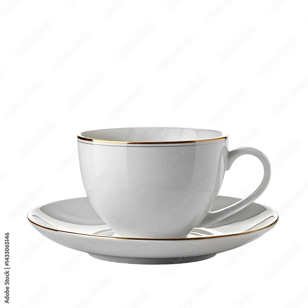 Obraz premium Elegant White Porcelain Teacup and Saucer with Gold Trim PNG and transparent background