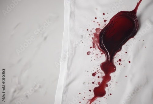 Dark red wine blot spreading across crisp white linen ,  surface,  accident,  photography