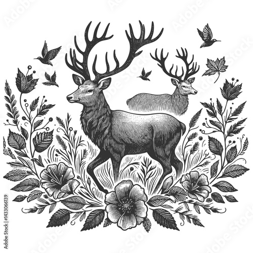 deer with large antlers, surrounded by decorative foliage, evoking a sense of nature, wildlife, and elegance sketch engraving generative ai vector illustration. Scratch board. Black and white image.