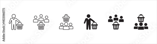 Online shopping buyer icons. Consumer shop icon set. User shopper sign collection. Icon symbol contains people, goods, stock, shopper, buyer, trolley, shopping basket. Vector illustration