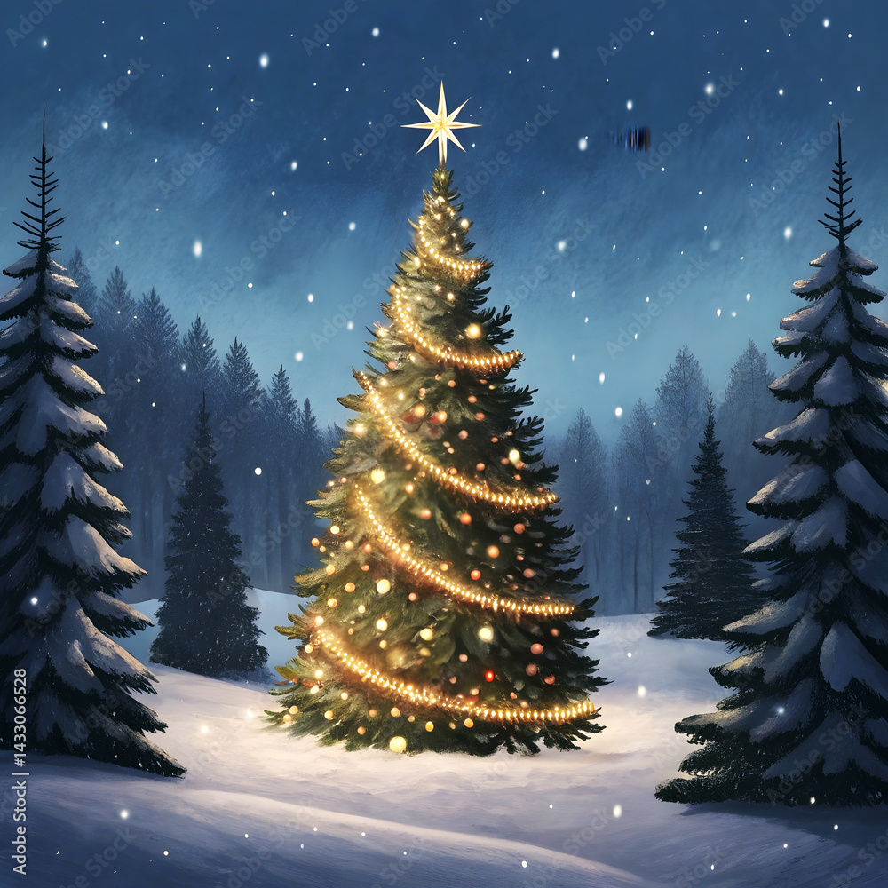 A majestic Christmas tree glows brightly under a gentle snowfall, casting a warm, magical ambiance in a snow-covered backyard with a wooden fence. A majestic Christmas tree glows brightly under a gentle snowfall, casting a warm, magical ambiance in a snow-covered backyard with a wooden fence.