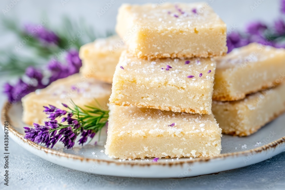 Stack of Buttery Lavender Shortbread Cookies Sprinkled with Sugar on Ceramic Plate