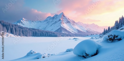 Frozen snowscape with a distant mountain range , frozen landscape, frosty atmosphere