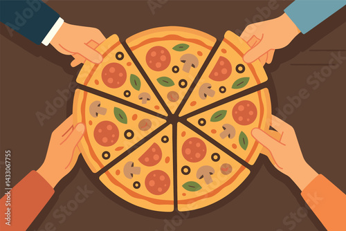 Pizza and italian food icon set – flat style culinary, ingredient, and restaurant symbols: pizza slice, chef hat, olive oil, fork and knife, pepperoni, tomato, pasta.