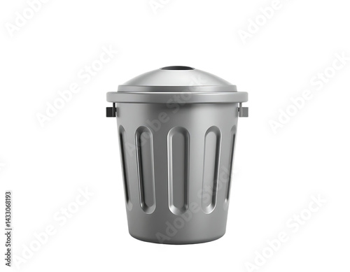 3D Render of a Metallic Trash Can with Lid on Transparent Background