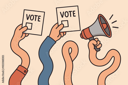 Election campaign linear icon set – outline style voting, democracy, and political symbols for civic engagement: ballot, megaphone, candidate, podium, handshake, election booth, checkmark