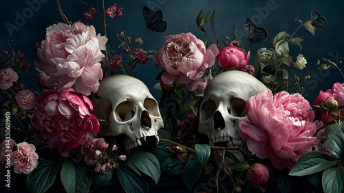 Fototapeta Naklejka Na Ścianę i Meble -  Two skulls nestled amongst pink peonies and lush green foliage, creating a dark romantic still life symbolic of mortality and beauty's fleeting nature