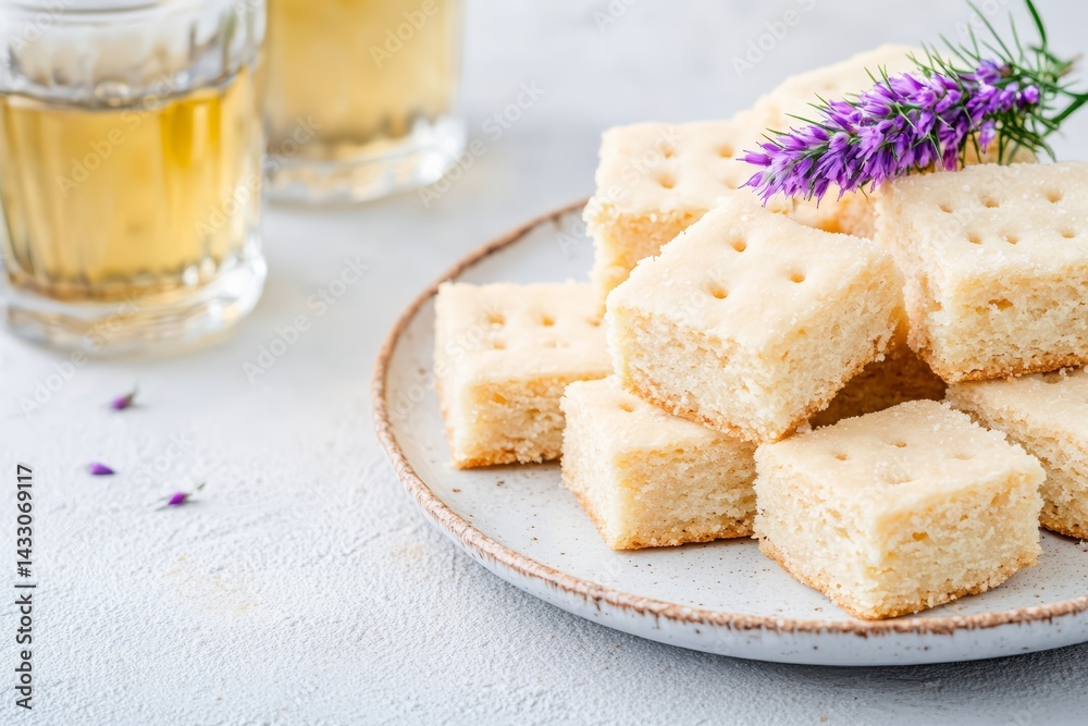 Stack of Buttery Lavender Shortbread Cookies Sprinkled with Sugar on Ceramic Plate