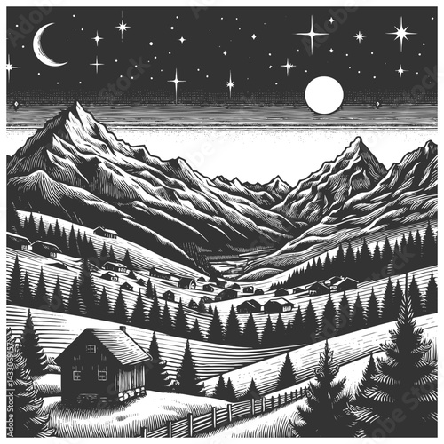 mountain range beneath a starry night sky with a crescent moon and shooting stars. Dreamlike and serene scene sketch engraving generative ai vector illustration. Scratch board. Black and white image.