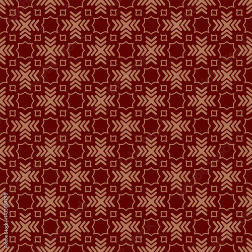 Seamless gold ornament on a red background. The composition of colorful elements creates a seamless pattern. National ornament. Idea for textiles, textures, prints, wallpapers, clothes