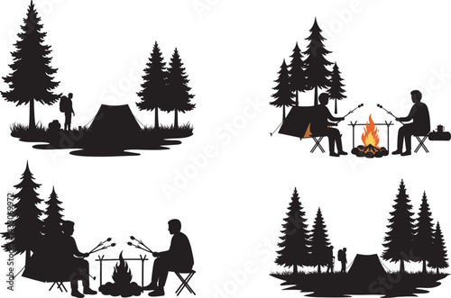 Camping Scene Silhouettes Outdoor Adventure Camping Forest Camping Graphic