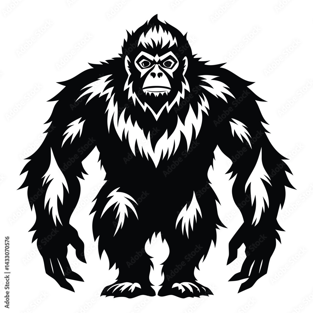 Obraz premium Silhouette of a large, hairy ape standing upright, detailed fur, strong, black on white