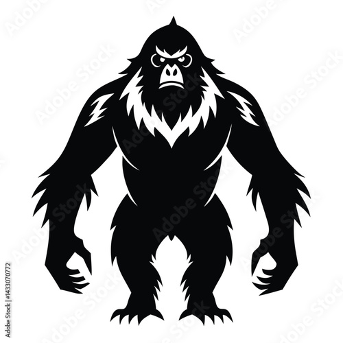 Silhouette of a Strong Bigfoot Monster, Powerful and Furious Looking, Isolated on White